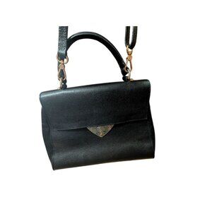Luz Da Lua Black Leather Handbag With Adjustable Shoulder Strap & Gold Accents
